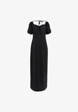 Musta puolipitkä mekko, jossa on puffihihat, neliökaula-aukko ja solmittava takatieto. Valmistettu sileästä kankaasta, jossa on sovitettu yläosa ja virtaava hame.