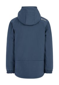 Marineblaue isolierte Jacke mit Kapuze, elastischen Bündchen und glatter Textur. Verfügt über ein Logodetail auf der Schulter. Rückansicht.
