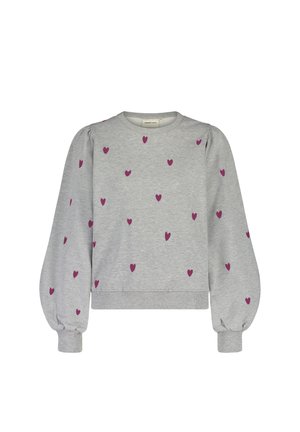 Gray sweatshirt with long, puffed sleeves and ribbed cuffs. Features a scattered pattern of small, purple hearts. Standard crew neckline.