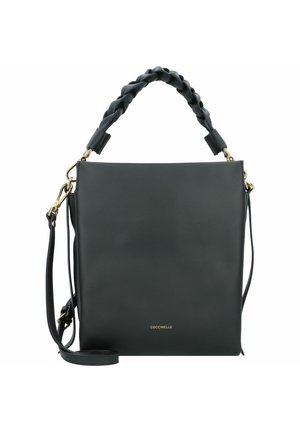 Sac à main en cuir gris foncé avec une texture lisse, doté d'une anse tressée et d'une bandoulière amovible. Des accents en métal doré sont présents.