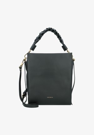 Dunkelgraue Lederhandtasche mit glatter Oberfläche, ausgestattet mit einem geflochtenen Griff und einem abnehmbaren Schultergurt. Goldfarbene Hardware-Akzente sind vorhanden.