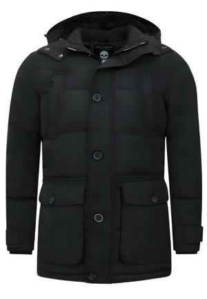 Zwarte pufferjack met een capuchon, voorzien van vier voorvakjes, een knoopsluiting en een geweven structuur voor isolatie.