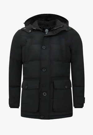 Zwarte pufferjack met een capuchon, voorzien van vier voorvakjes, een knoopsluiting en een geweven structuur voor isolatie.