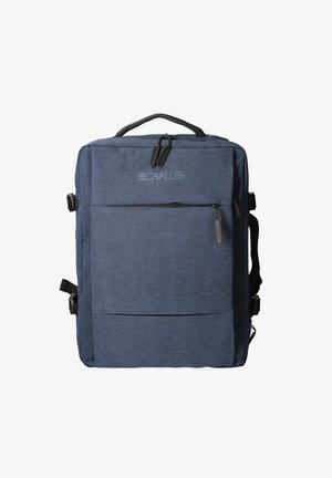 Dunkelblaue Tasche mit strukturiertem Gewebe, zwei Reißverschlüssen, einem oberen Griff, einer Fronttasche und verstellbaren Riemen an den Seiten und auf der Rückseite.