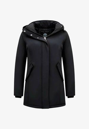 Zwarte waterdichte jas met capuchon, ritssluiting aan de voorkant, twee zijzakken en een gladde textuur. Voorzien van een logo op het binnenlabel.