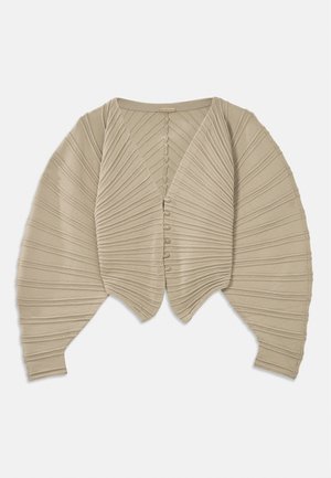 Beige pleated cardigan with a deep V-neck, button closure, and wide sleeves, featuring a ribbed texture throughout.