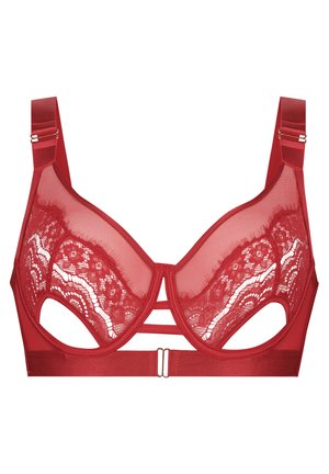 Κόκκινο σουτιέν από λείο ύφασμα με διαφάνεια και δαντέλα, με κοψίματα, ρυθμιζόμενες τιράντες και λείο κορδόνι με μεταλλικές λεπτομέρειες.