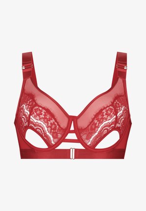 Sujetador de lencería roja con paneles de encaje transparente, detalles de corte, tirantes ajustables y una banda suave con acentos de hardware metálico.