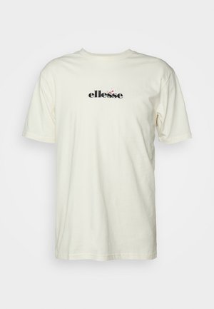 Cremefarbenes T-Shirt mit kurzen Ärmeln aus Baumwolle, mit einem bedruckten schwarzen Logo und bunten Akzenten auf der Vorderseite. Standard runder Halsauschnitt.