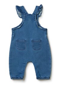 Jeans-Trägerhose mit Rüschenträgern, zwei Vordertaschen, elastischen Bündchen in einfarbigem Blau. Weicher Stoff und reguläre Passform.