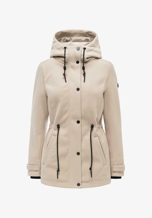 Beige gewatteerde jas met capuchon, zwarte trekkoorden, drukknopen aan de voorkant, twee zijzakken en verstelbare polsbanden.