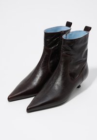 Botas de cuero de color marrón oscuro hasta el tobillo con punta afilada, tacón bajo y forro interior azul. Presentan detalles cosidos y una lengüeta.