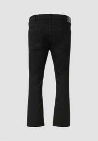 Czarne dżinsy z denimu o prostym kroju nogawek, widoczne tylne kieszenie i subtelne detale przeszyć. Posiadają średni stan i gładką fakturę.