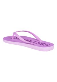 Light purple flip-flop sandal with thin straps and dark purple text on the footbed against a white background.