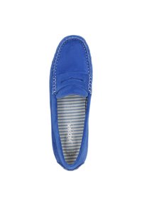 Blaue Wildleder-Lederschuhe mit gestepptem Design, glatter Textur und gestreifter Innensohle. Rutschsicherer Stil mit angenehmem Tragegefühl.