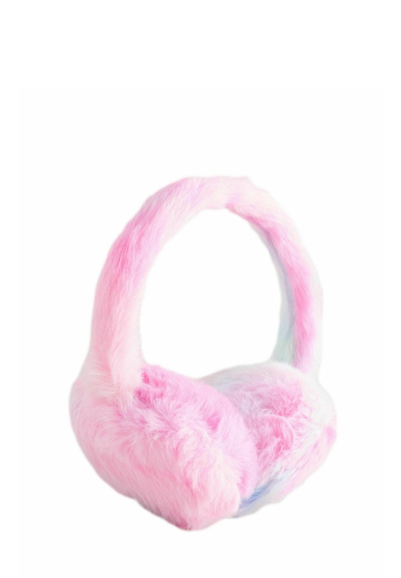 Bandeaux en fausse fourrure avec un doux dégradé de rose et de bleu pastel, présentant un design moelleux et un bandeau incurvé pour le confort.