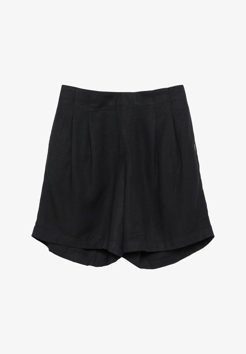 Short noir taille haute avec des plis et un ourlet légèrement évasé, fabriqué en tissu léger.