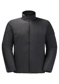 Zwarte geïsoleerde jas met een hoge kraag, volledige rits aan de voorkant en lange mouwen. Voorzien van een gladde, waterafstotende stof met minimale details.
