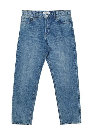 Helles blaues Denim-Jeans mit geradem Bein, fünf Taschen, Gürtelschlaufen und dezentem Verblassen des Stoffes.