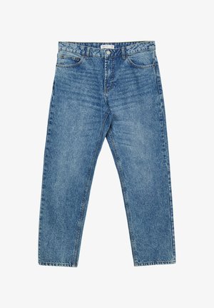 Helles blaues Denim-Jeans mit geradem Bein, fünf Taschen, Gürtelschlaufen und dezentem Verblassen des Stoffes.