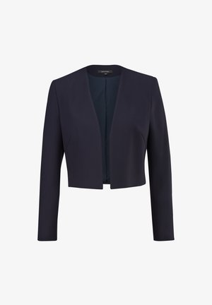 Marineblauer, kurz geschnittenes Blazer mit langen Ärmeln, offenes Frontdesign und glatter Textur. Hat eine klare Silhouette ohne Knöpfe oder Verschlüsse.