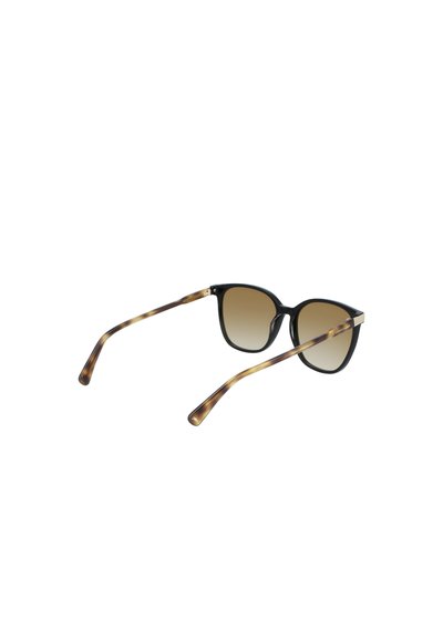 Schwarze Sonnenbrille mit klassischer Katzenaugensilhouette, Verlaufslinsen in Braun und mit Schildpatt-Muster versehene Bügel mit goldenen Akzenten.