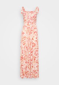 Μακρύ φλοράλ φόρεμα από απαλό ύφασμα, με τετράγωνη λαιμόκοψη, ρυθμιζόμενους ιμάντες και ρέουσα σιλουέτα σε αποχρώσεις ροζ, κοραλί και κρεμ.