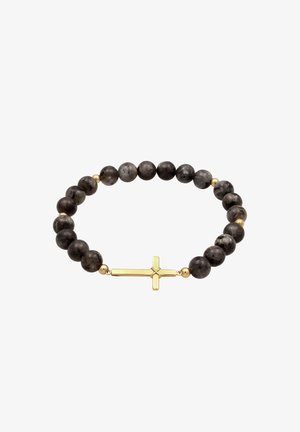 Bracelet élastique avec des perles rondes gris foncé et de petites perles dorées, orné d'un pendentif croix horizontale en or.