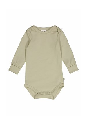 Długi rękaw bodysuit dla niemowląt w jasnym zielonym kolorze, wykonany z bawełny. Posiada okrągły dekolt oraz zapięcia na zatrzaski na dole oraz zwinięte mankiety.