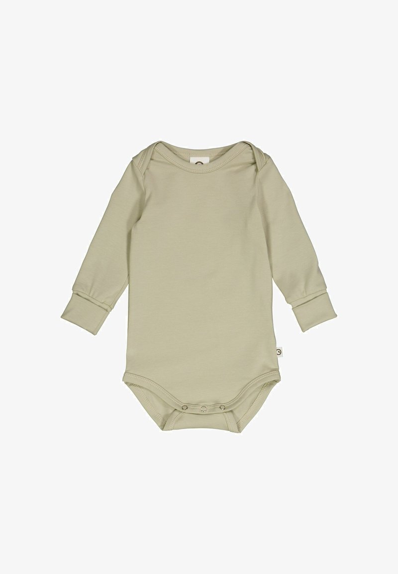 Langärmliger Babybody aus leicht grünem Baumwollstoff. Mit Rundhalsausschnitt, Druckknopfverschluss am Boden und umgeschlagenen Bündchen.