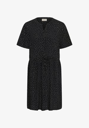 Robe noire à manches courtes avec pois blancs, devant boutonné, encolure ronde et taille ajustable par cordon.