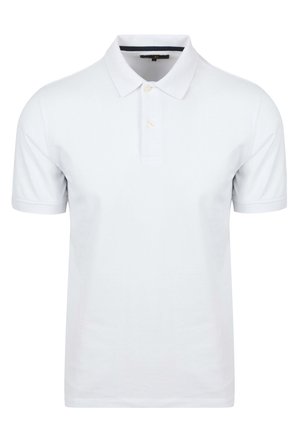 Weißes Poloshirt aus weicher Baumwolle. Verfügt über einen klassischen Kragen, eine Drei-Knopf-Leiste und kurze Ärmel. Glatte Textur und taillierte Passform.