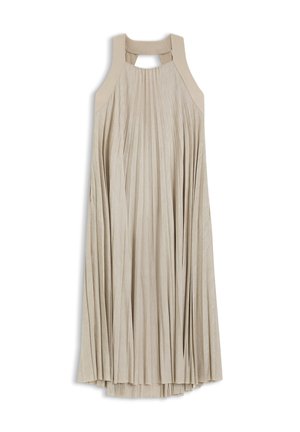 Mouwloze beige geplooide midi-jurk met brede bandjes en een rechthoekige uitsnede aan de bovenkant van de rug.