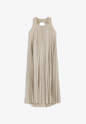 Mouwloze beige geplooide midi-jurk met brede bandjes en een rechthoekige uitsnede aan de bovenkant van de rug.