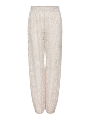 Brīvi pieguļošas krēmkrāsas mežģīņu bikses ar augstu vidukli, elastīgu jostasvietu un elastīgiem manžetiem, visā virsmā ar ziedu rakstu.