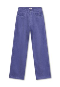 Wijdvallende corduroy broek in diep paars, met vijf zakken, een knoopsluiting en verticale ribbelstructuur voor visuele details.