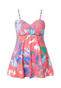 Vestido coral con estampado floral en azul y verde. Cuenta con tirantes ajustables trenzados y un corsé fruncido con botones decorativos.