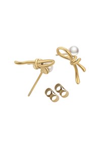 Náušnice ve zlatém tónu s uzlovým designem, hladkým perlovým akcentem a odpovídajícími záznamy. Minimalistický a elegantní tvar.