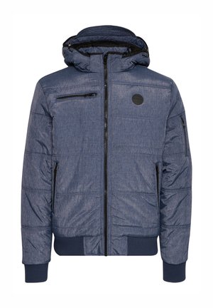 Blue puffer jacket with a hood, featuring a zippered chest pocket and side pockets, ribbed cuffs, and a textured fabric finish.