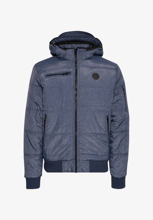 Blue puffer jacket with a hood, featuring a zippered chest pocket and side pockets, ribbed cuffs, and a textured fabric finish.