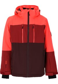 Rote und orange Skijacke mit einem Farbblock-Design, ausgestattet mit Reißverschlusstaschen, einer Kapuze und strukturierter Stoff. Wasserdichtigkeitsbewertung: 10.000.