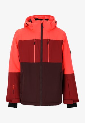Röd och orange skidjacka med en färgblockdesign, som har dragkedjefickor, huva och texturerad tyg. Vattentålighet: 10 000.