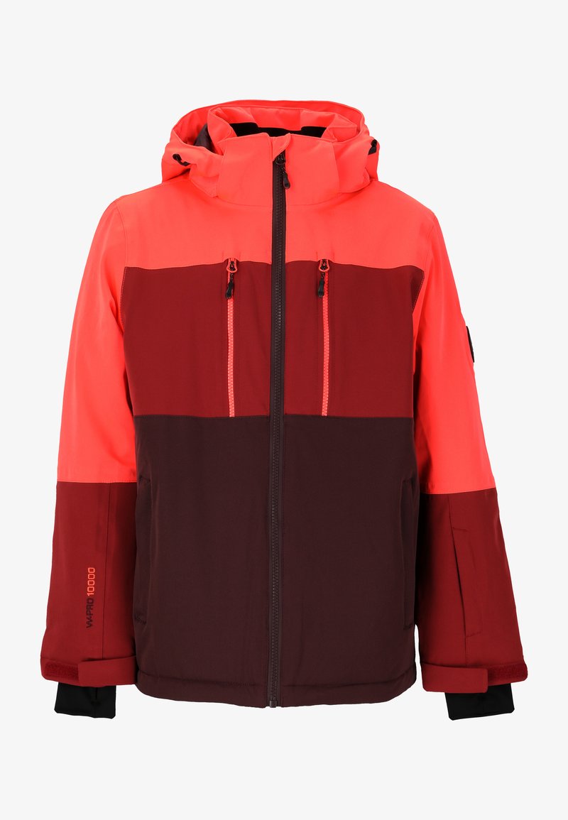 Rote und orange Skijacke mit einem Farbblock-Design, ausgestattet mit Reißverschlusstaschen, einer Kapuze und strukturierter Stoff. Wasserdichtigkeitsbewertung: 10.000.