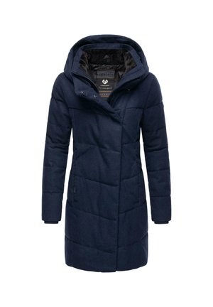 Navy blue padded coat with a high collar and attached hood, featuring a textured surface and diagonal stitching patterns. Zipper closure.