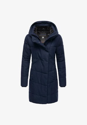 Navy blue padded coat with a high collar and attached hood, featuring a textured surface and diagonal stitching patterns. Zipper closure.