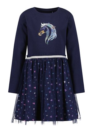 Vestito blu navy a maniche lunghe con testa di cavallo olografica sul petto e gonna in tulle con motivi a cuori multicolore e rifinitura argento in vita.