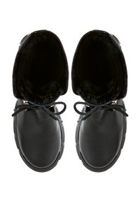 Black leather ankle boots with round toes, textured insides, and black laces. Features a smooth finish and subtle stitching.