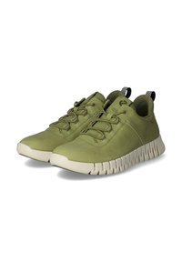 Scarpe atletiche verdi con una texture liscia, dotate di una suola bianca spessa, lacci a contrasto e un occhiello sul tallone.