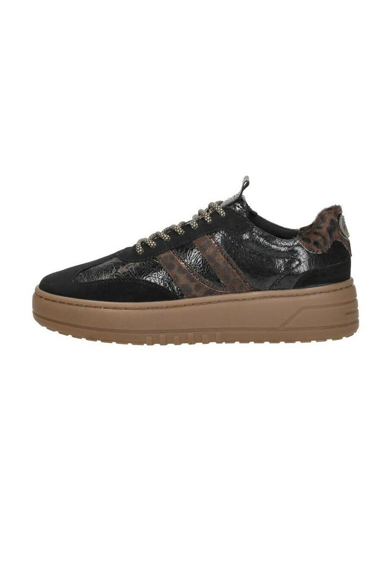Black sneakers with a shiny leather finish, leopard print accents, thick gum sole, and metallic lace details. Side stripes in a darker shade.