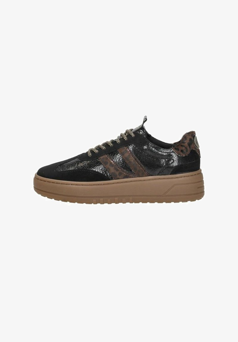 Black sneakers with a shiny leather finish, leopard print accents, thick gum sole, and metallic lace details. Side stripes in a darker shade.